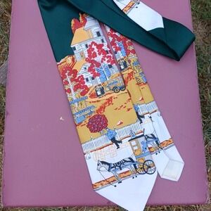 VTG Don Loper? Wide Tie: Cottage Core Horse & Carriage Flower Cart Dacron Green